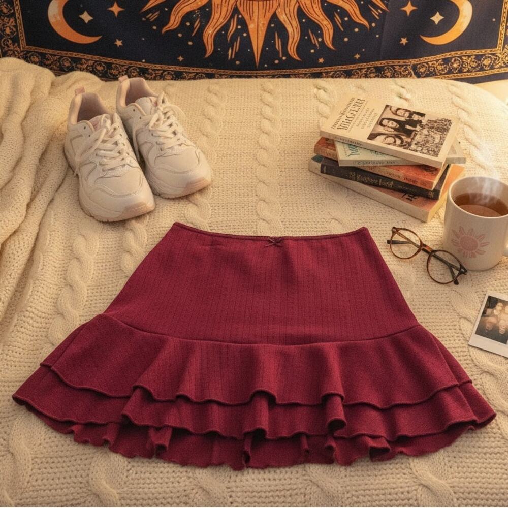 Wild Fable Ruffle Tiered Knit Mini Skort Red Stretch Pull On Bow Womens XXS 2XS
